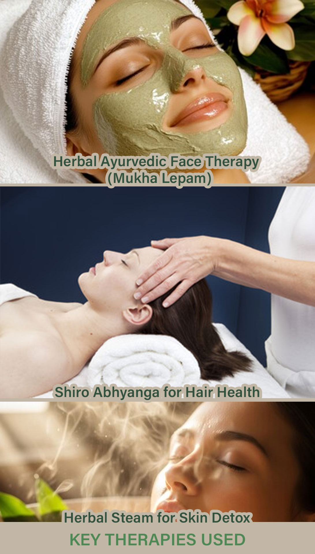 Key Therapies in Hair & Skin treatment programs: Abhyanga (Herbal Oil Massage), Mukha Lepam (Herbal Face Pack Therapy), Shiro Abhyanga (Head Massage), Nasya Therapy, Internal Herbal Medicines